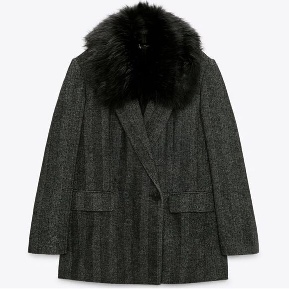 Zara Black/Gray Removable Faux Fur Collar Blazer/Jacket(Size Medium) - Picture 4 of 13